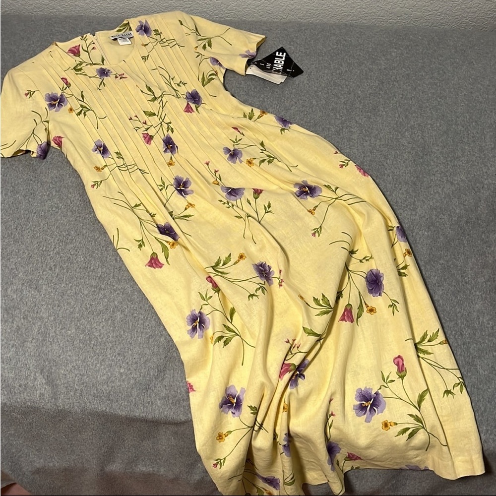 Vintage Linen Modest Maxi Dress Size 8 Cottagecore Y2K Floral Yellow NWT Coastal